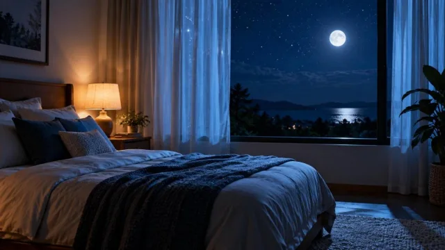Calm moonlit bedroom with a neatly made bed and soft blue light through sheer curtains