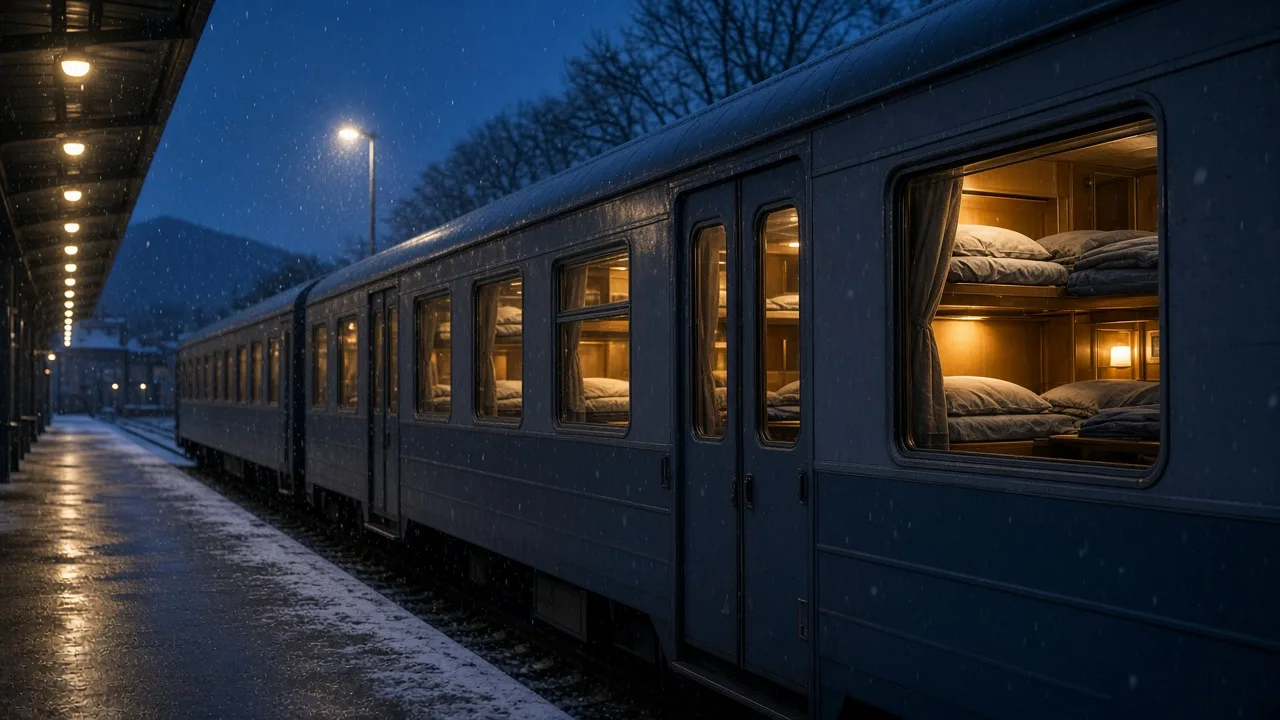 A European night train at a station platform at dusk with lit compartment windows and light snow