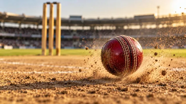 A red cricket ball spinning sharply off a dusty pitch with puffs of dust and stumps behind