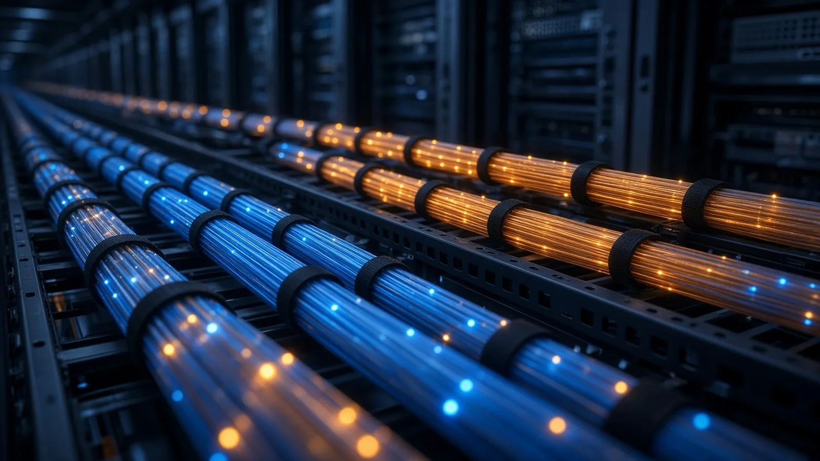 Bundles of optical fibre cables glowing with blue and amber points of light, running along cable trays inside a dim data centre aisle