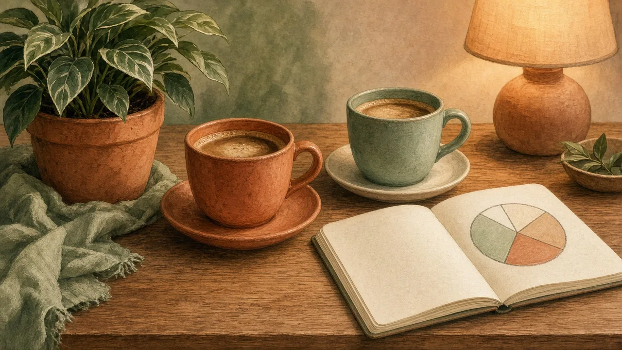 Editorial illustration of two coffee cups beside a shared notebook with a simple pie chart drawn on it