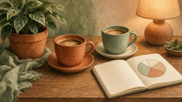 Editorial illustration of two coffee cups beside a shared notebook with a simple pie chart drawn on it