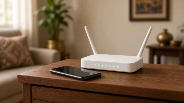 White Wi-Fi router with two antennas and green lights on a shelf, with a smartphone in front