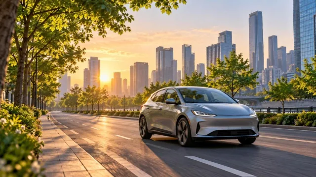 Aerodynamic compact hatchback on a tree-lined city street at dawn