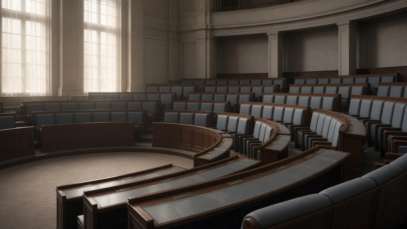 An empty parliamentary chamber with curved rows of blue-grey seats and wooden desks lit by soft window light