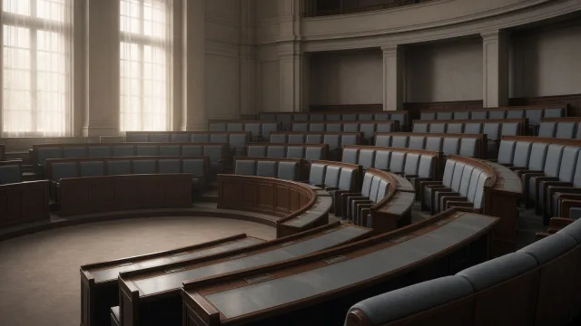 An empty parliamentary chamber with curved rows of blue-grey seats and wooden desks lit by soft window light