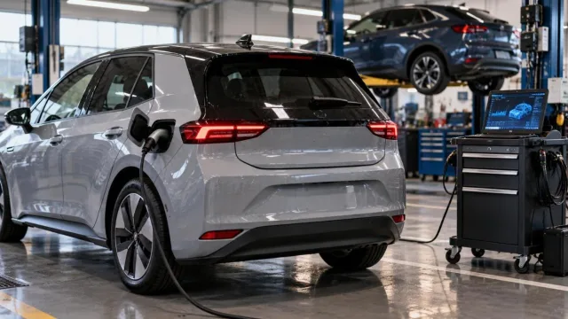 An unbranded compact electric car in a service garage with its charging port open