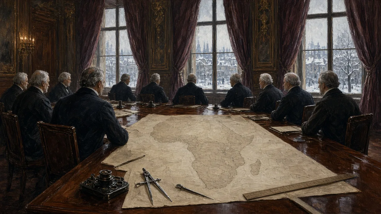 Diplomats around a long table with a blank map of Africa in a grand 1884 conference room, illustrating the Berlin Conference and the Scramble for Africa