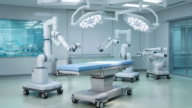 Modern operating room with slim white robotic surgical arms positioned around an empty operating table under bright lights