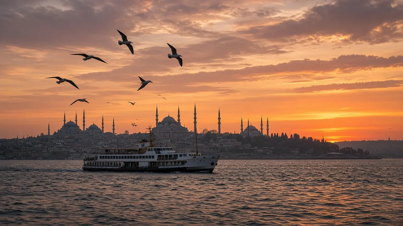 Domes and minarets of Istanbul's old city at sunset with a ferry crossing the Bosphorus