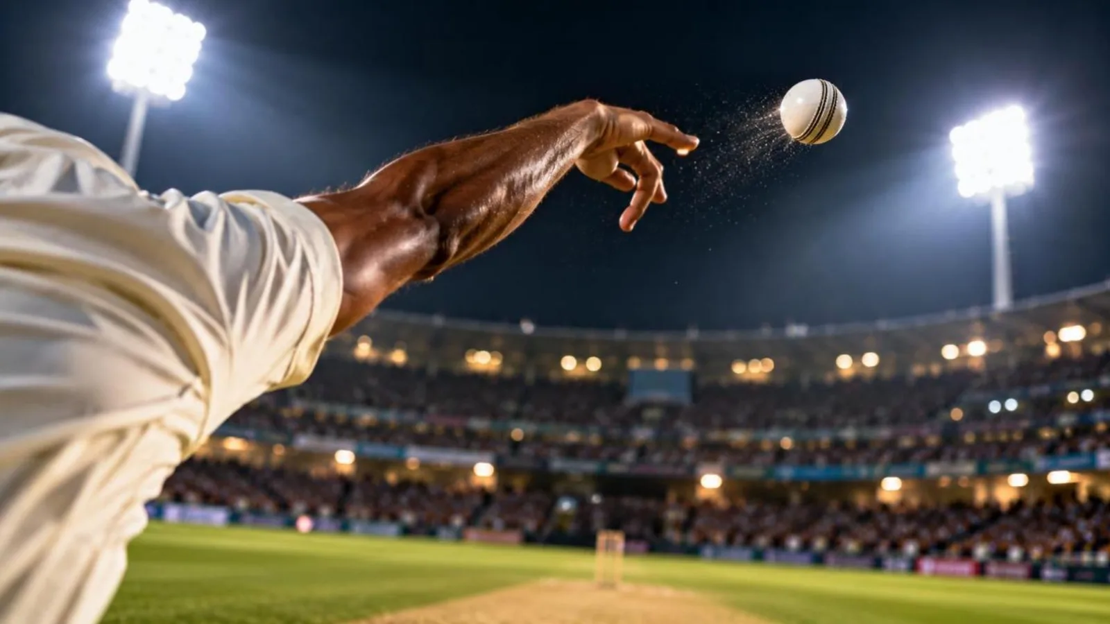 A white cricket ball released at delivery against floodlights, only the hand and arm visible from behind