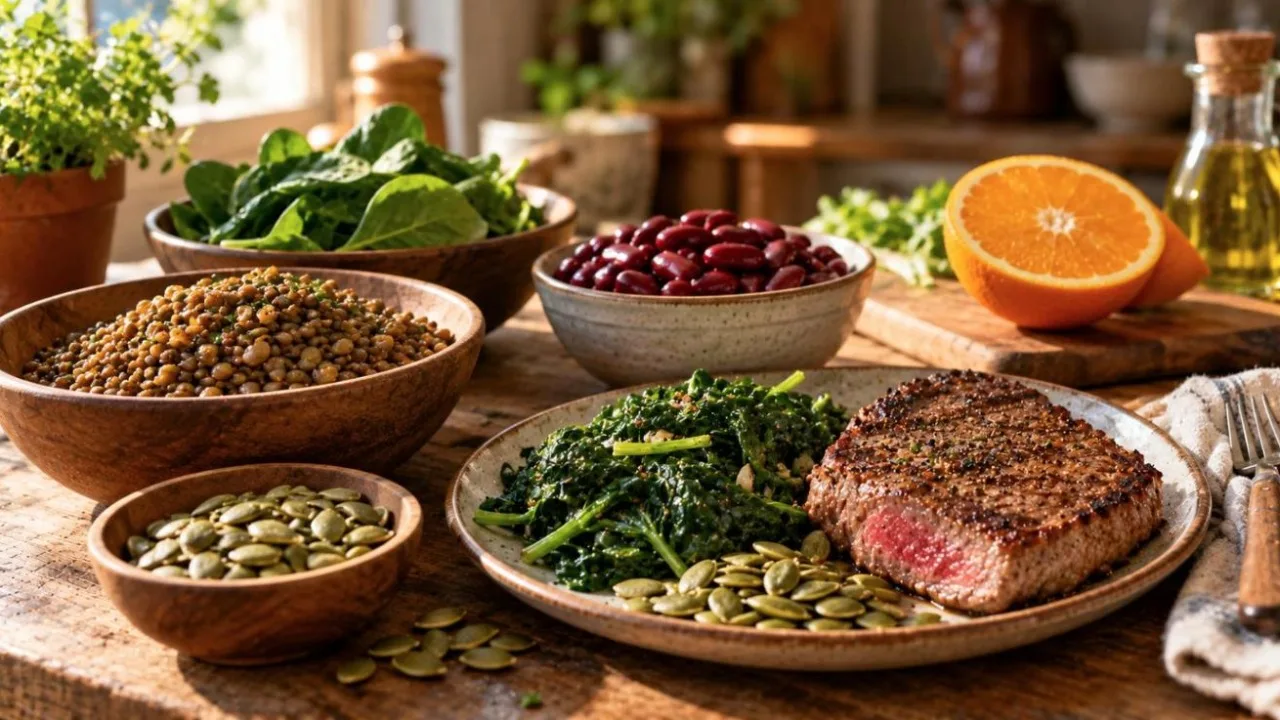 Rustic kitchen table with lentils, spinach, kidney beans, lean steak, pumpkin seeds and a halved orange