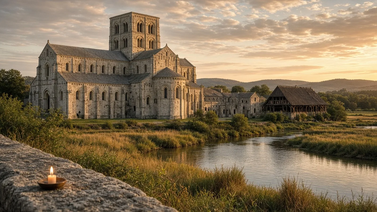 A pale stone Romanesque abbey church with round arches and a squat tower beside a quiet river at golden hour, with a lit candle on a stone ledge in the foreground