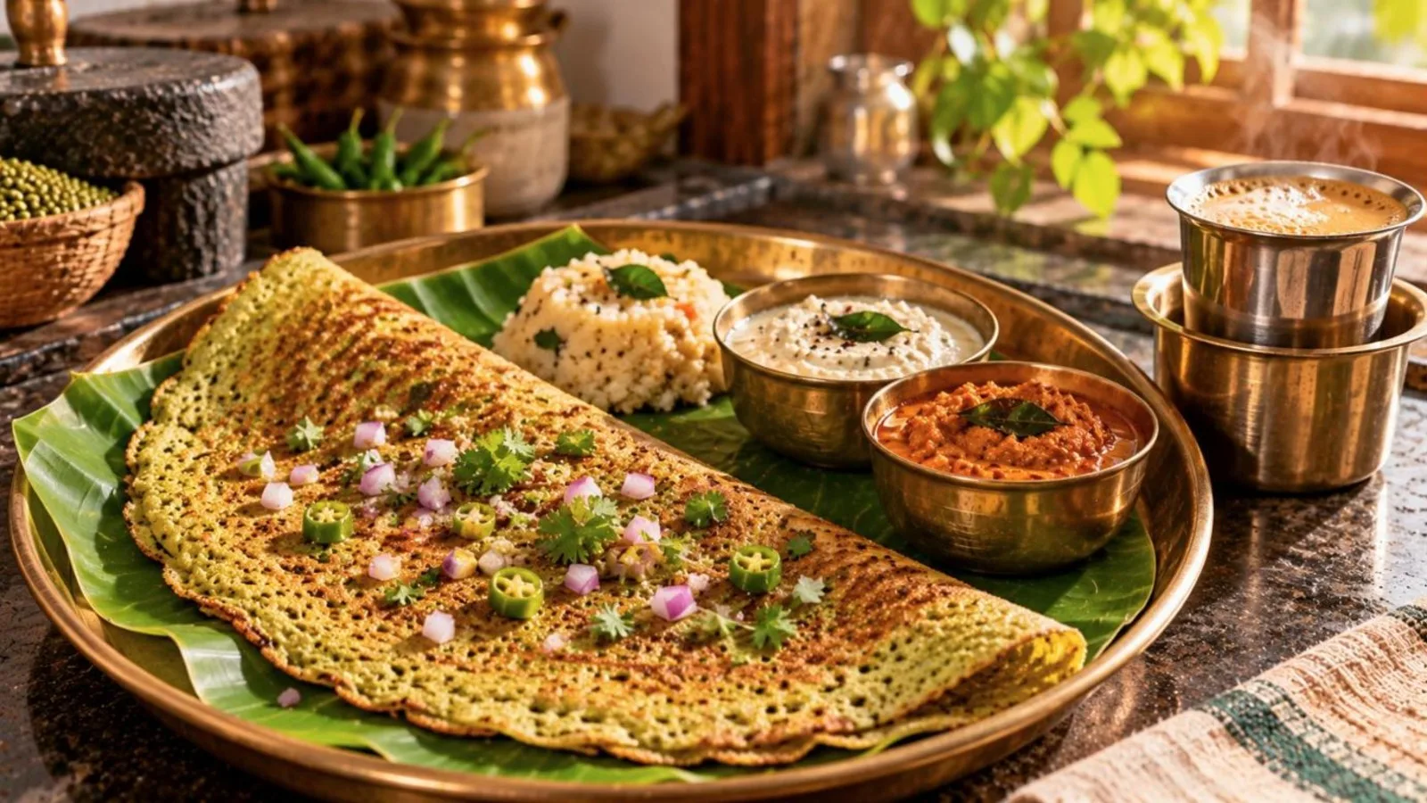 Crispy green pesarattu dosa with ginger chutney and upma on a banana leaf