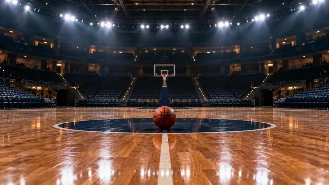 Empty classic basketball arena with a polished wooden court and a ball at centre court