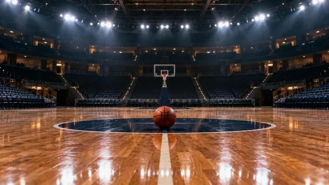 Empty classic basketball arena with a polished wooden court and a ball at centre court