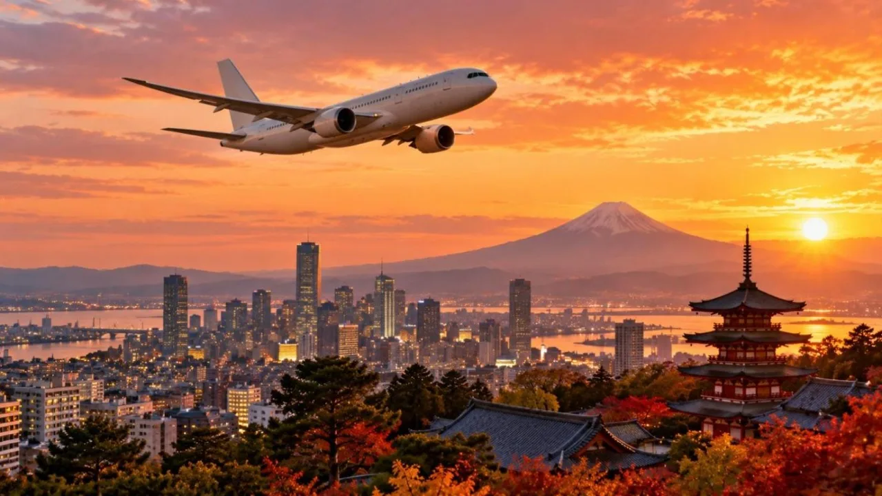 Passenger jet flying over a Japanese city skyline at sunset
