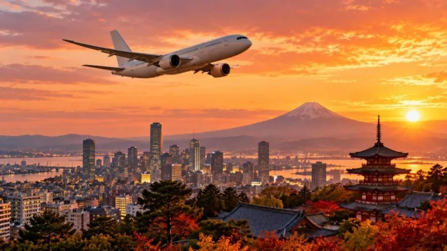 Passenger jet flying over a Japanese city skyline at sunset