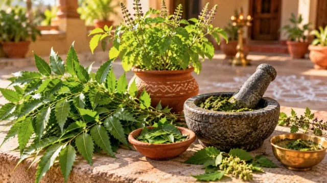 Fresh neem leaves and a potted tulsi plant beside a stone mortar with green herbal paste