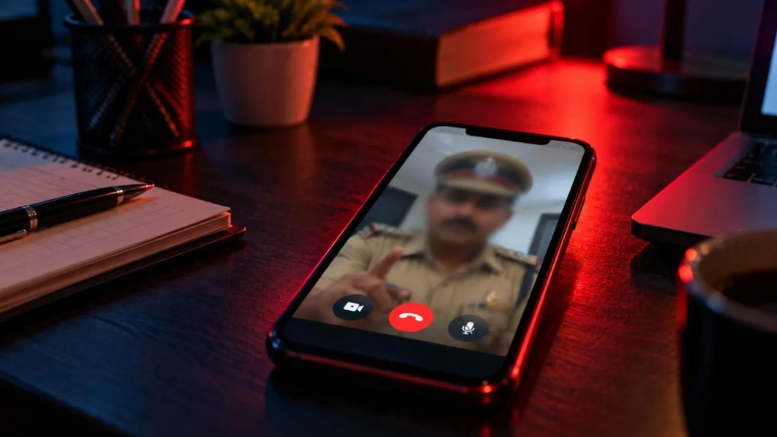A smartphone showing a video call from a fake uniformed officer with a red warning glow