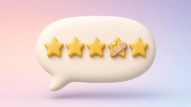 Editorial illustration of a speech bubble with a star rating being mended by a small bandage