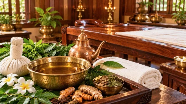 Brass bowl of warm oil, copper oil pot, herbal poultice, towel and herbs in a wood-panelled Ayurvedic massage room