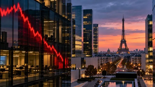 The Eiffel Tower seen from a Paris business district at dusk