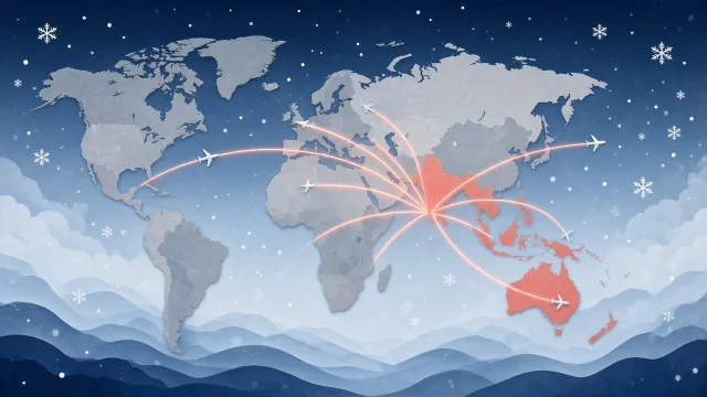 World map centred on India with glowing flight paths to Asia, Europe, North America and Australia, showing new winter routes