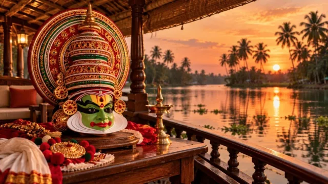 A Kathakali mask on a houseboat deck in the Kerala backwaters at sunset