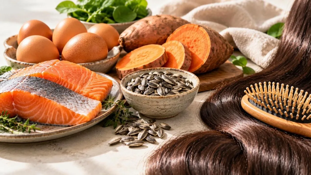 Eggs, salmon fillets, sunflower seeds and sweet potato beside long glossy hair and a wooden hairbrush