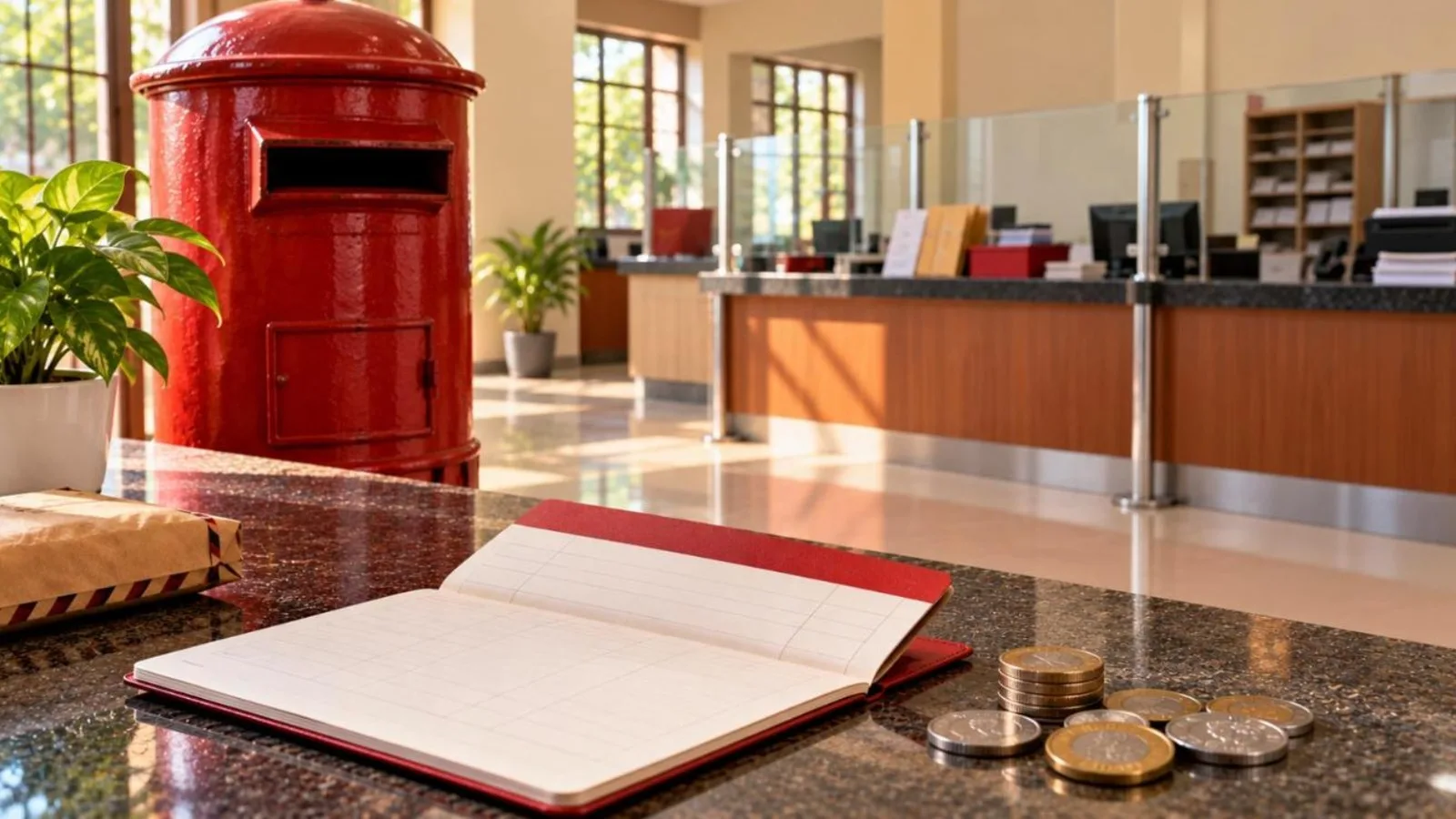 An Indian post office counter with a red post box, a blank passbook and rupee coins