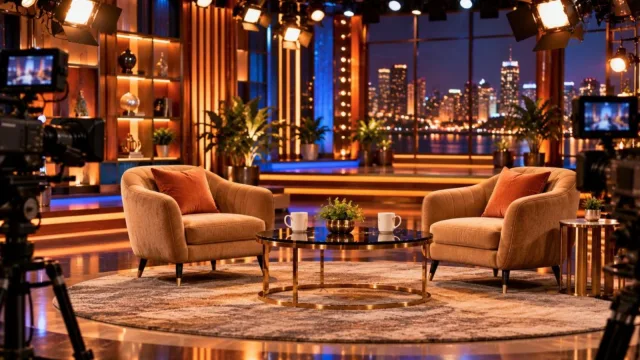 A talk-show studio set with two armchairs, two coffee mugs on a glass table and warm studio lights