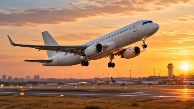 An unbranded white passenger jet taking off from a runway at golden hour