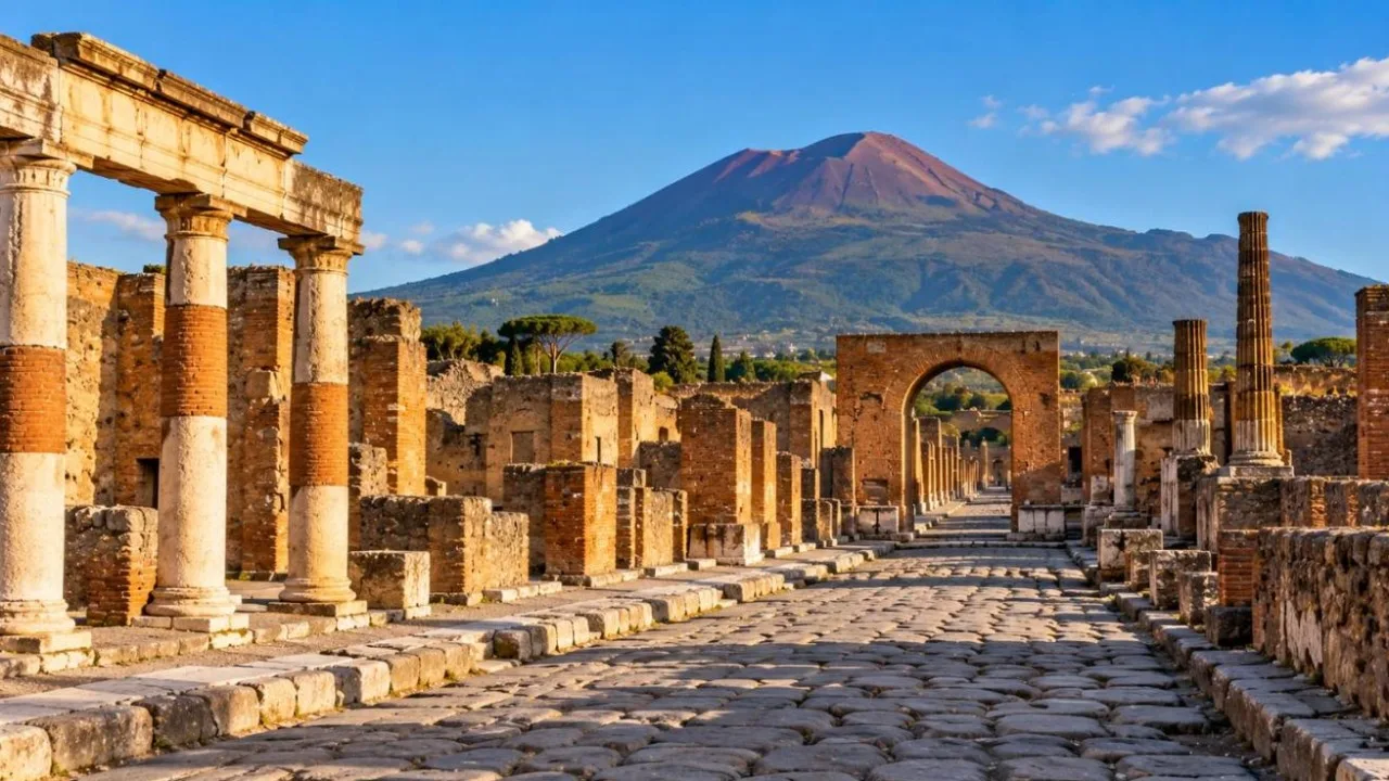 Ruins of Pompeii with ancient columns and Mount Vesuvius in the background