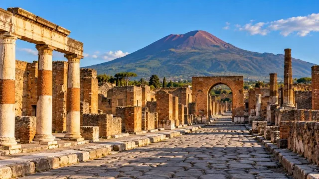 Ruins of Pompeii with ancient columns and Mount Vesuvius in the background