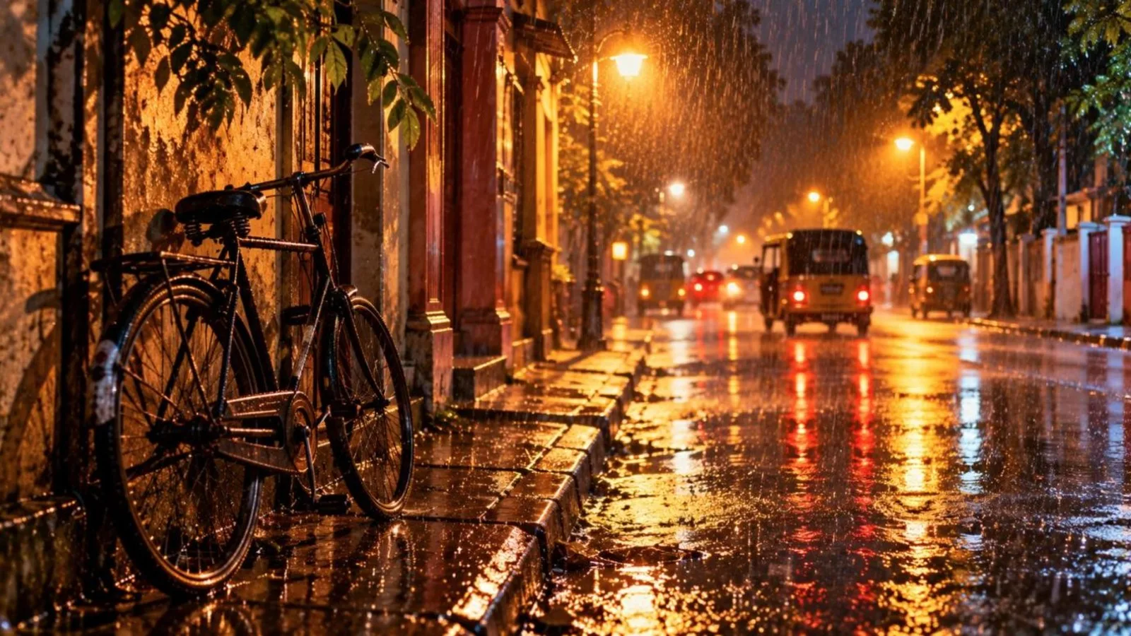 A rain-soaked Chennai street at night with streetlights, auto-rickshaws and an old bicycle against a wall