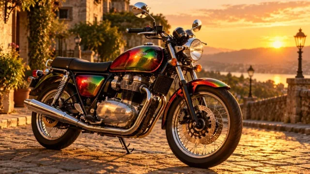 Classic twin-cylinder motorcycle with colour-shifting paint on a cobbled street