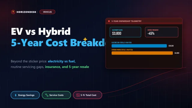 Banner comparing Electric Vehicles vs Hybrids showing 5-year total cost of ownership, fuel vs electricity, and resale value