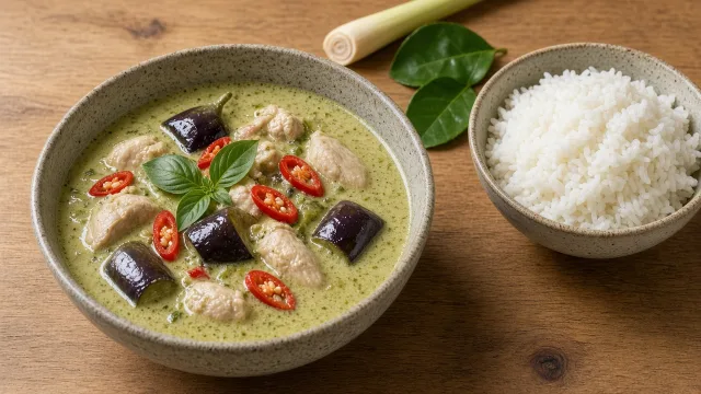 A bowl of Thai green curry with chicken, Thai aubergine and basil leaves next to jasmine rice