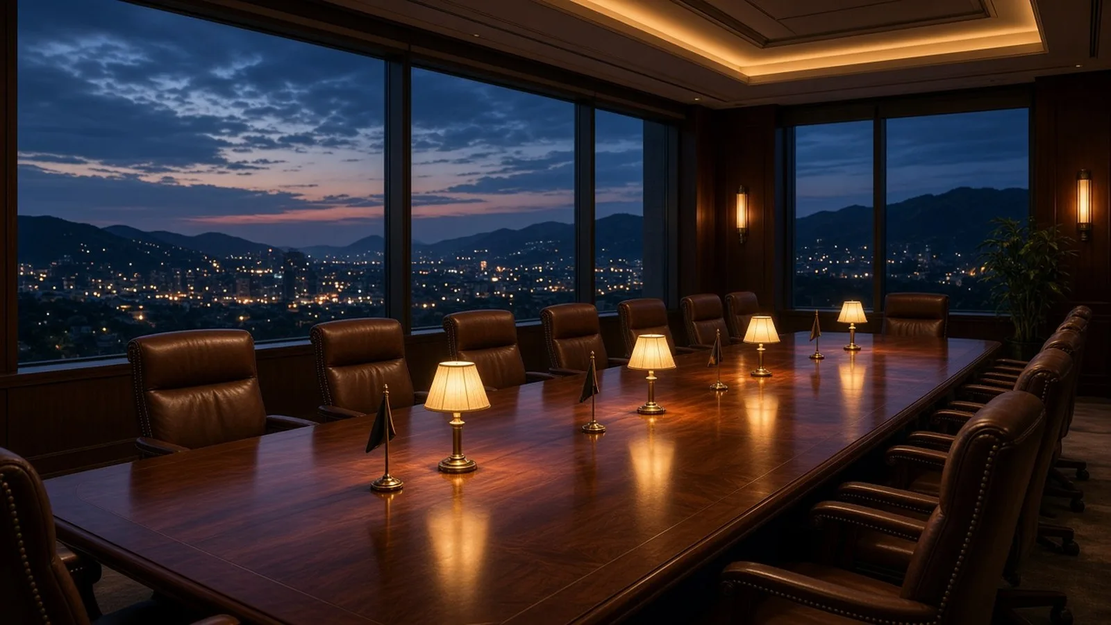 An empty conference room at dusk with a long polished table, leather chairs and table lamps, overlooking a mountain city skyline at night