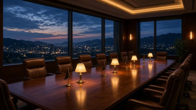 An empty conference room at dusk with a long polished table, leather chairs and table lamps, overlooking a mountain city skyline at night