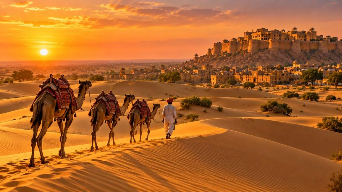 Camel caravan on Thar desert dunes at sunset with Jaisalmer Fort glowing in the distance