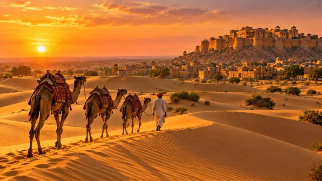 Camel caravan on Thar desert dunes at sunset with Jaisalmer Fort glowing in the distance