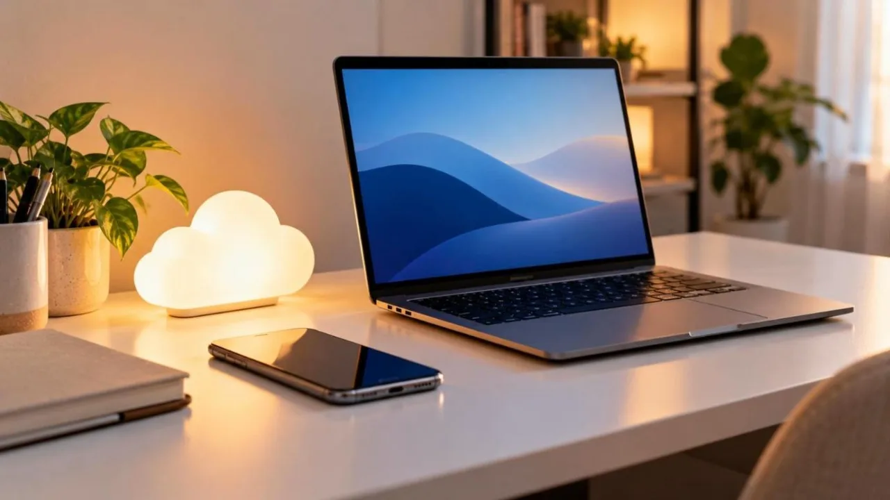 Smartphone and laptop on a tidy white desk with a cloud lamp