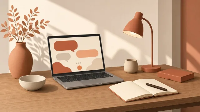 A tidy desk with an open laptop displaying an abstract chat interface, notebook and warm lamp