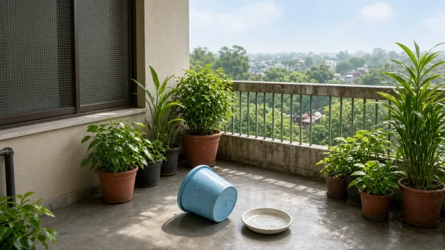 An emptied bucket and dry flower-pot tray on a balcony with mosquito screens, illustrating dengue prevention at home