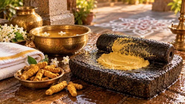 Fresh turmeric roots, kasthuri manjal powder and a grinding stone in a sunlit Tamil courtyard