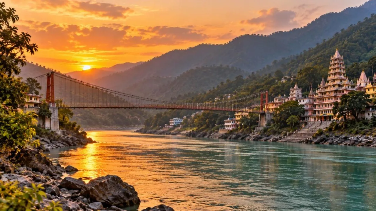 The Ganges river in Rishikesh at sunset with a suspension bridge