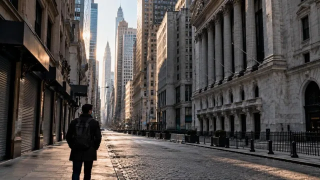 Empty city financial street in 2020 with closed shops and a single masked person seen from behind