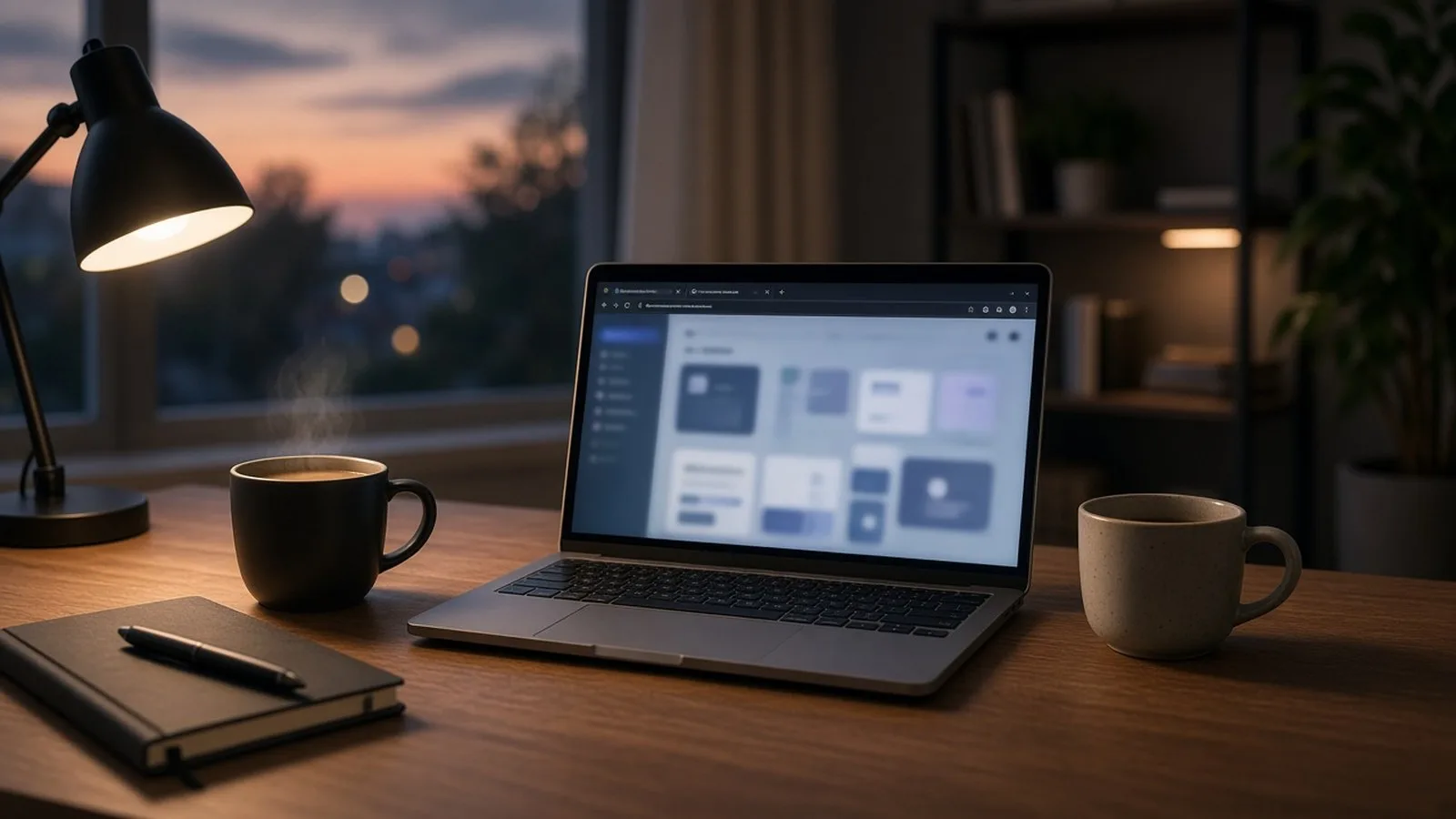 Laptop on a home office desk showing a web browser with several open tabs and a side panel, illustrating ChatGPT's Chrome tab feature